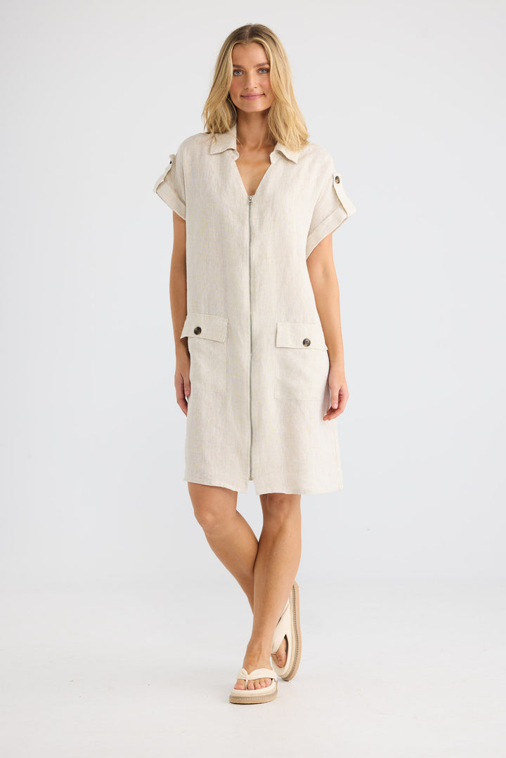 Errance Dress in Natural Linen with a zip-front closure.