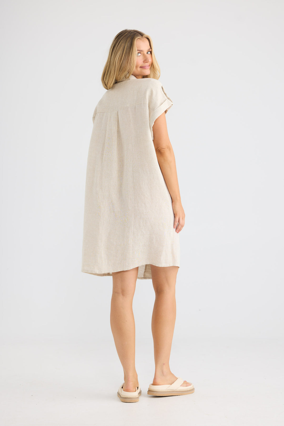 Errance Dress in Natural Linen with a collared neckline.