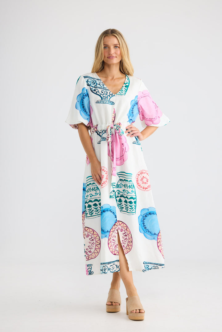 Ava Dress in Perfect French with an elasticated front waist.