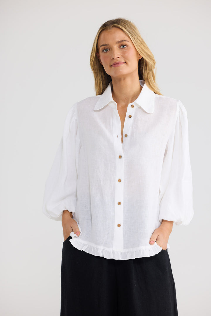 Alina Shirt in White Linen with a button-through front closure.