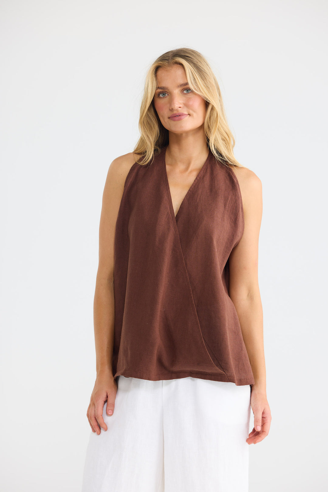 Marais Top in Chocolate Linen with a wrap-front design.