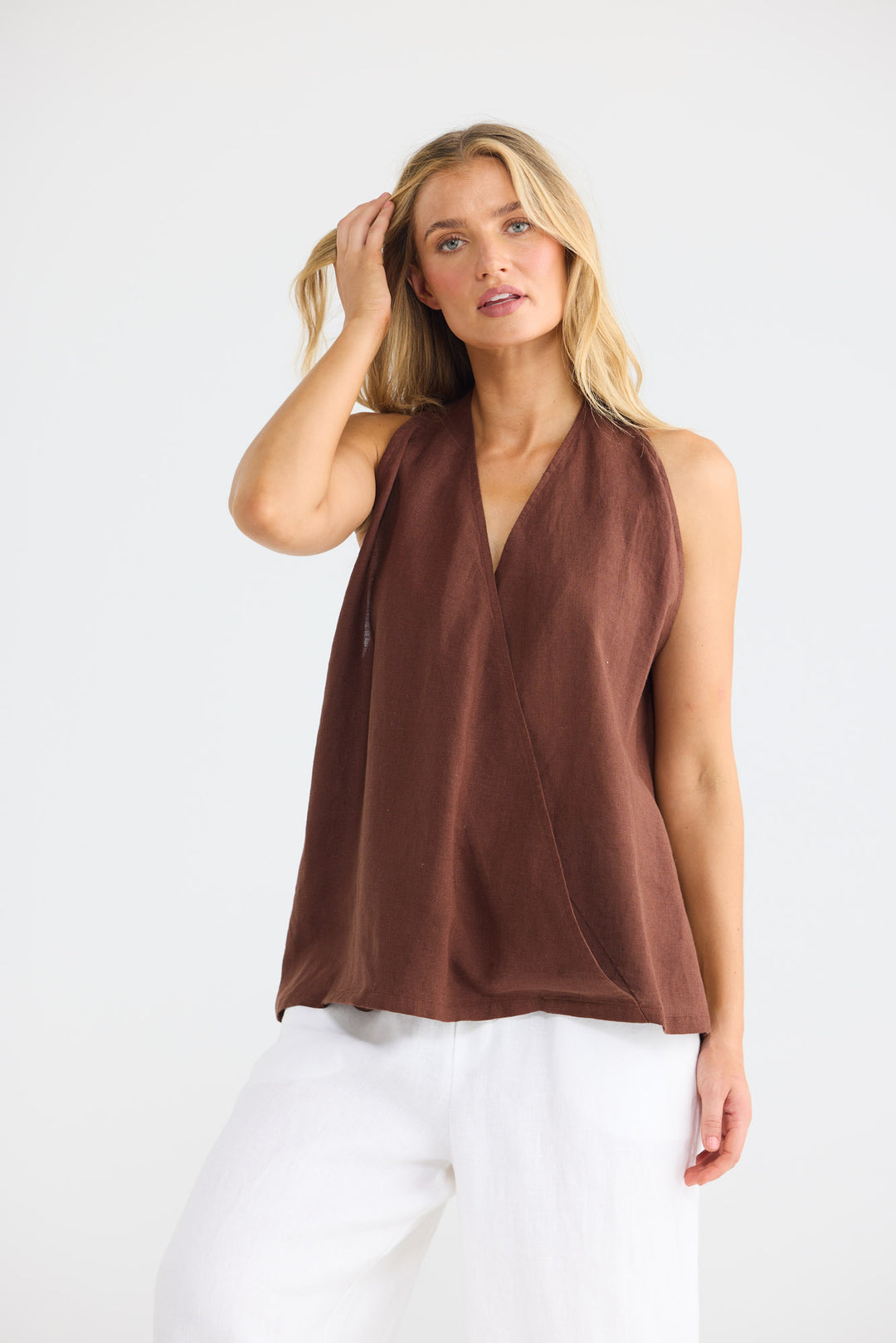 Marais Top in Chocolate Linen with a v-shaped neckline.