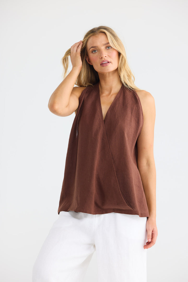 Marais Top in Chocolate Linen with a v-shaped neckline.