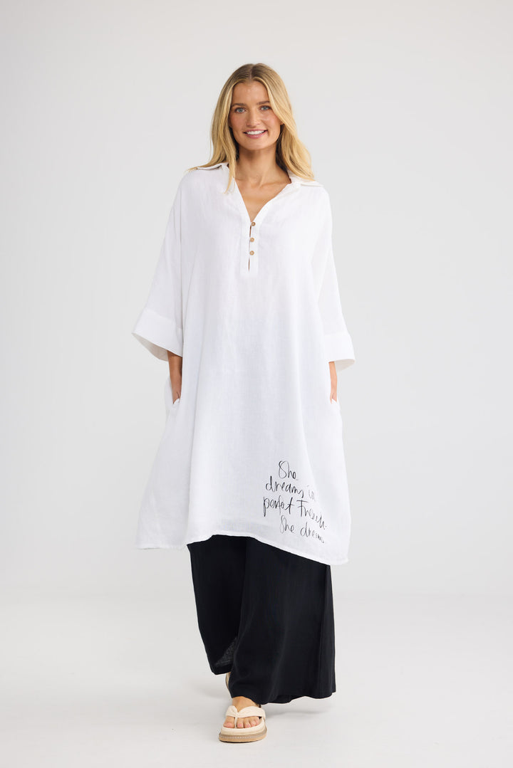 Casablanca Tunic in White Linen with a partial button placket.