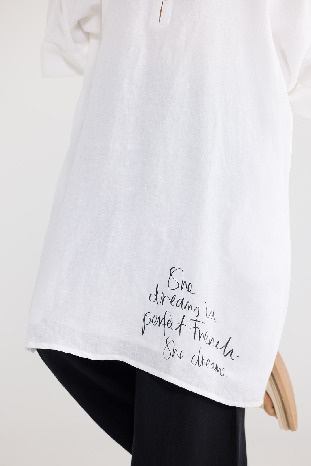 Casablanca Tunic in White Linen with a two-piece collar.