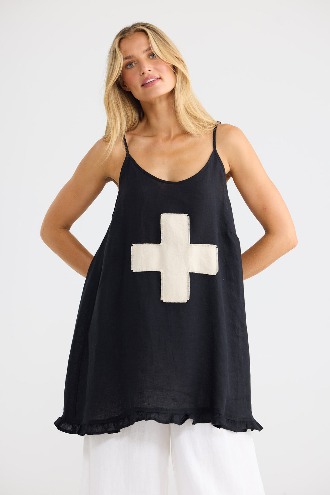 Alina Singlet in Black Linen with adjustable shoulder straps.