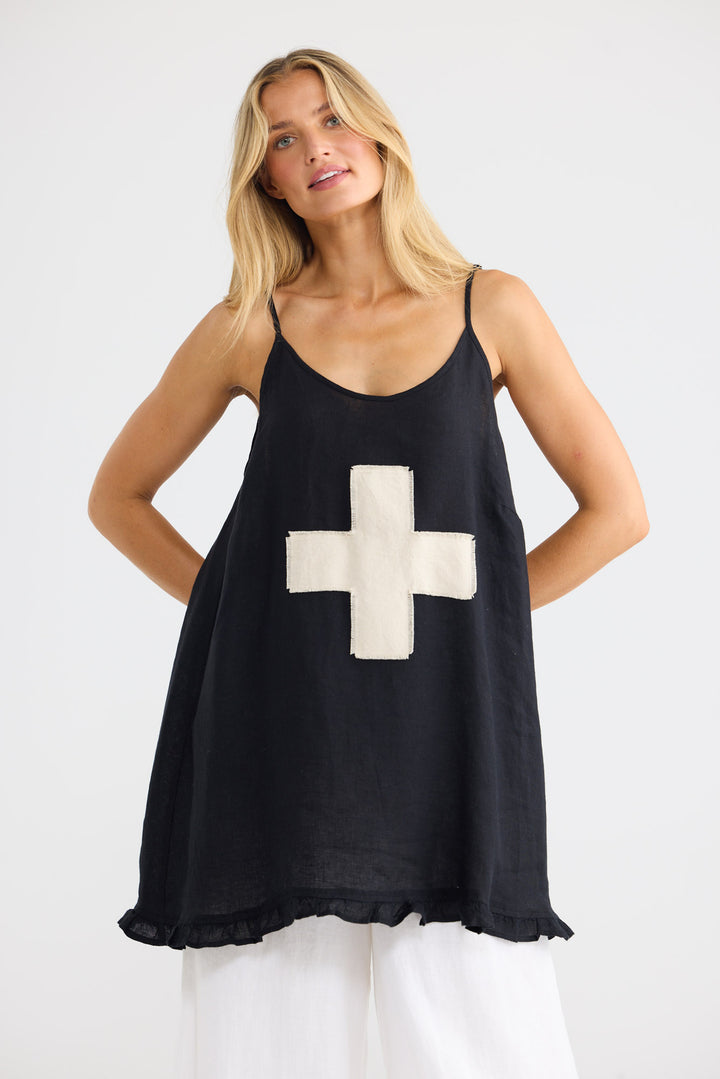 Alina Singlet in Black Linen with adjustable shoulder straps.