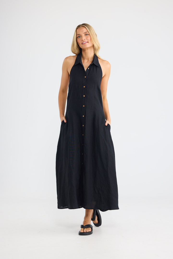 Rivage Dress in Black Linen with a collared neckline.